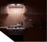 Photo of a kitchen in lamplight