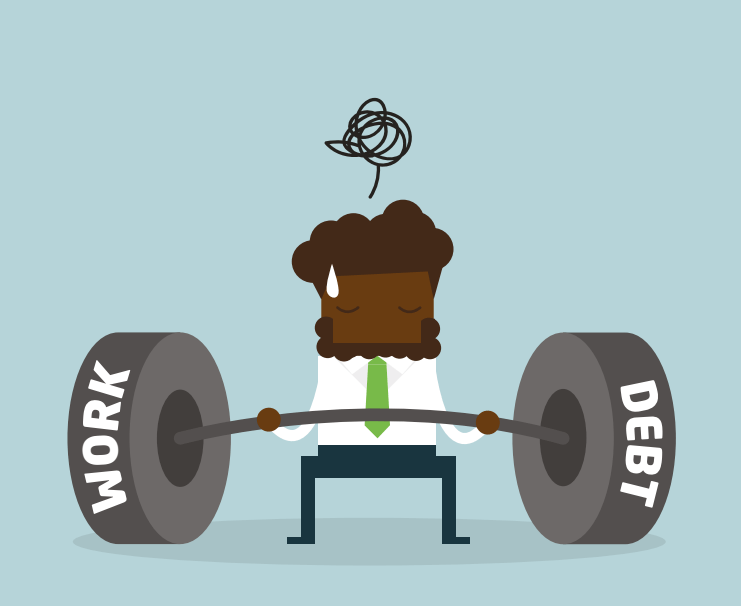 Graphic of a man struggling with the weight of both debt and work for workplace wellbeing blog