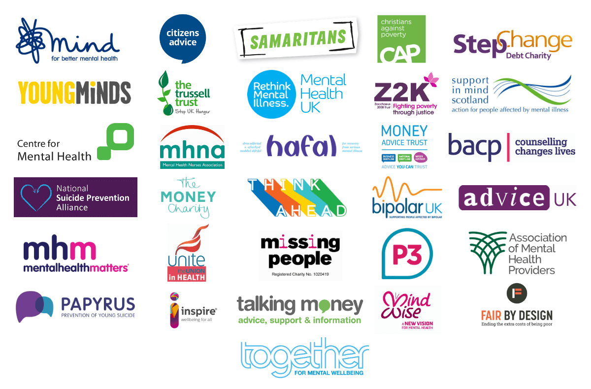 The logos of the organisations supporting our Stop the Debt Threats campaign
