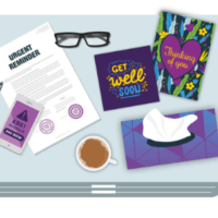 Cartoon image of a hospital bedside cabinet featuring get well soon cards and tissues but also a bill with the heading 'Urgent reminder'