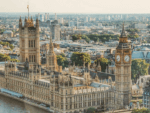 A view of the Houses of Parliament from the air over the River Thames.