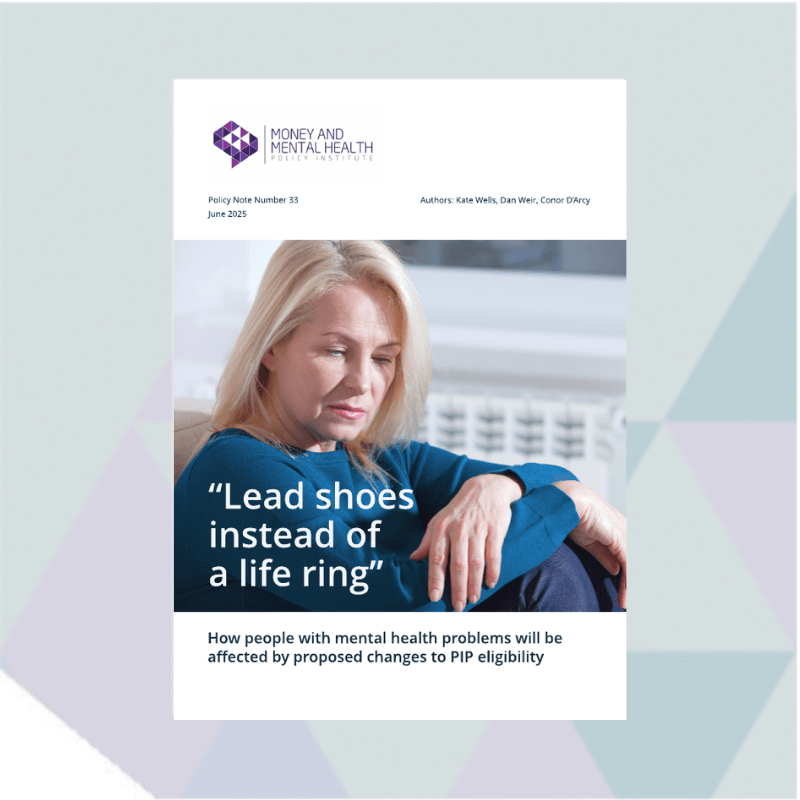 The cover of our 'Lead shoes instead of a life ring' report. It contains a picture of a woman looking concerned.